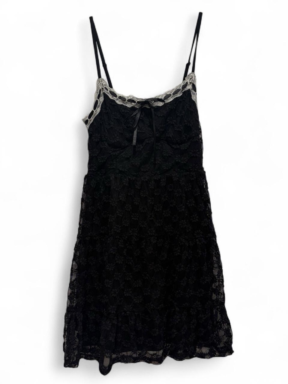 Black Lace Spaghetti Strap Dress with Contrast Trim